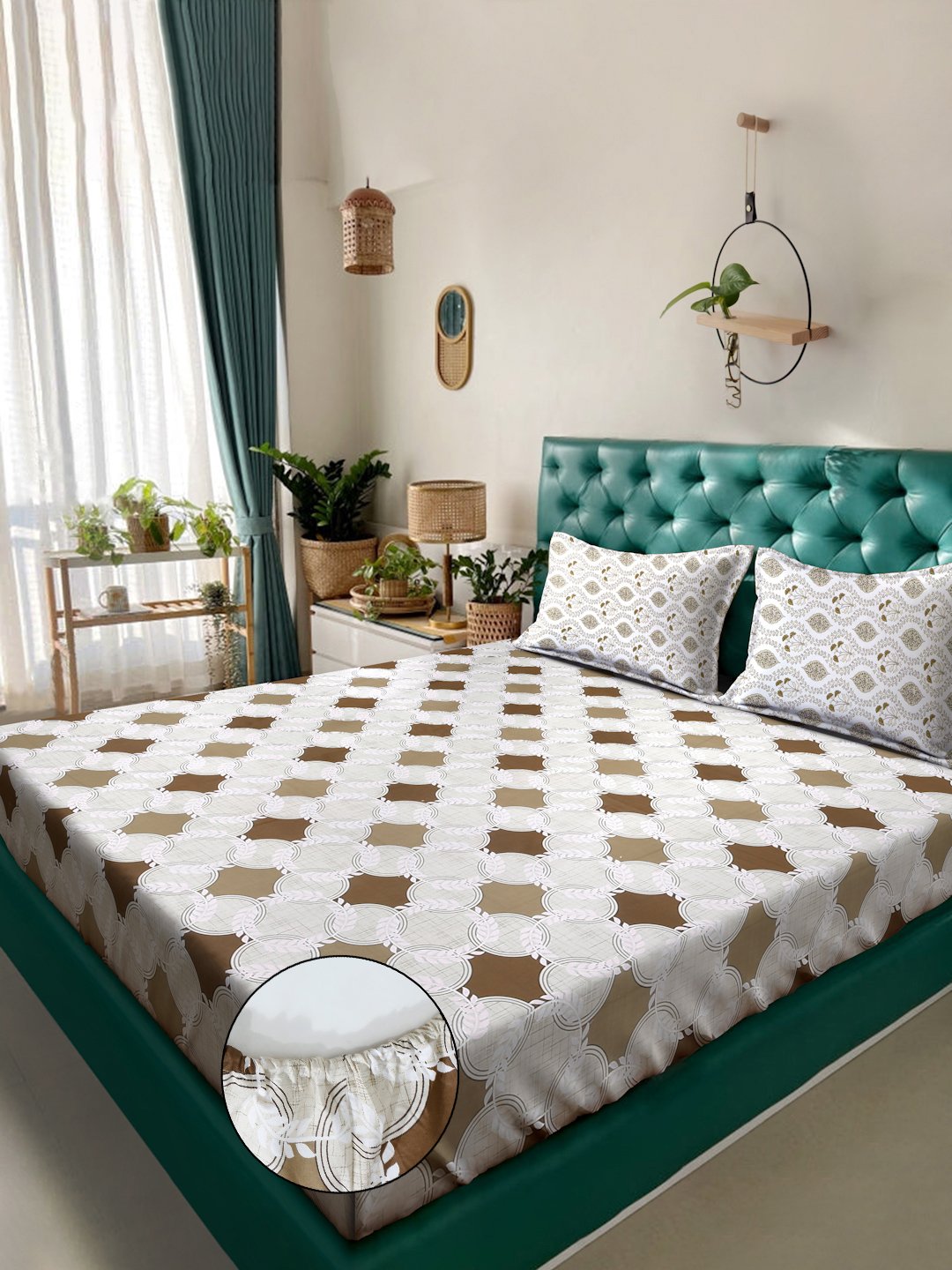 Beige Geometric 400 TC Pure Cotton Fitted Double Bedsheet with 2 Pillow Covers