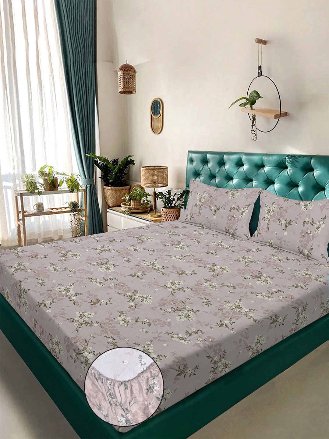 Brown Floral 300 TC Cotton Blend Fitted Double Bedsheet with 2 Pillow Covers