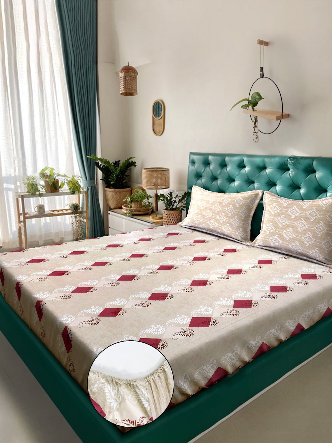Beige Geometric 400 TC Pure Cotton Fitted Double Bedsheet with 2 Pillow Covers