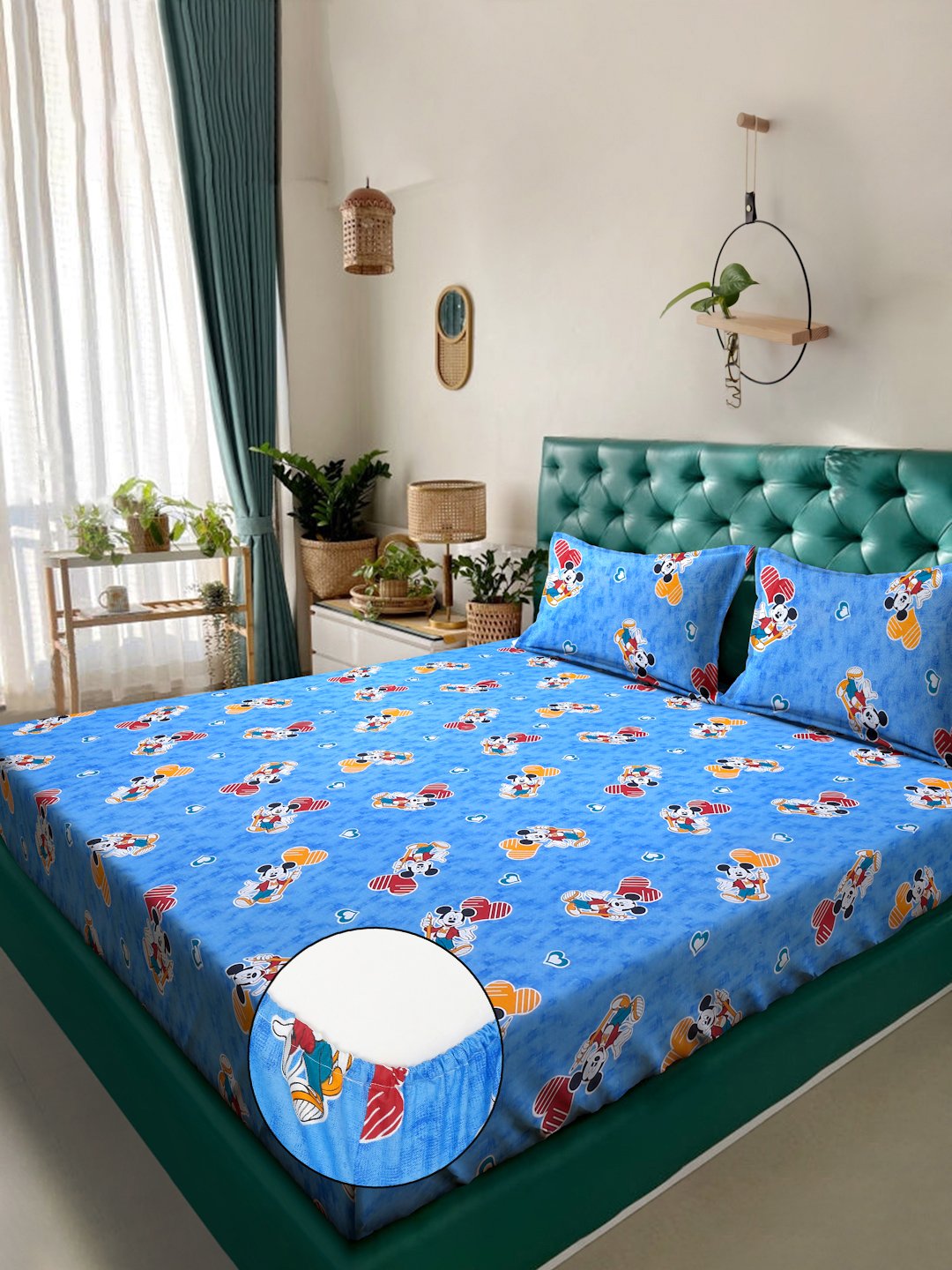 Blue Cartoon Characters 400 TC Pure Cotton Fitted Double Bedsheet with 2 Pillow Covers