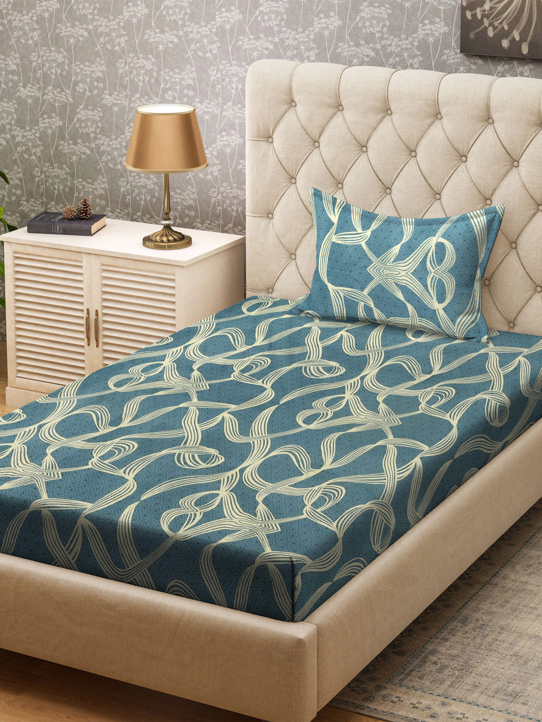 Klotthe Turquoise Abstract 300 TC Cotton Blend Single Bedsheet with Pillow Cover