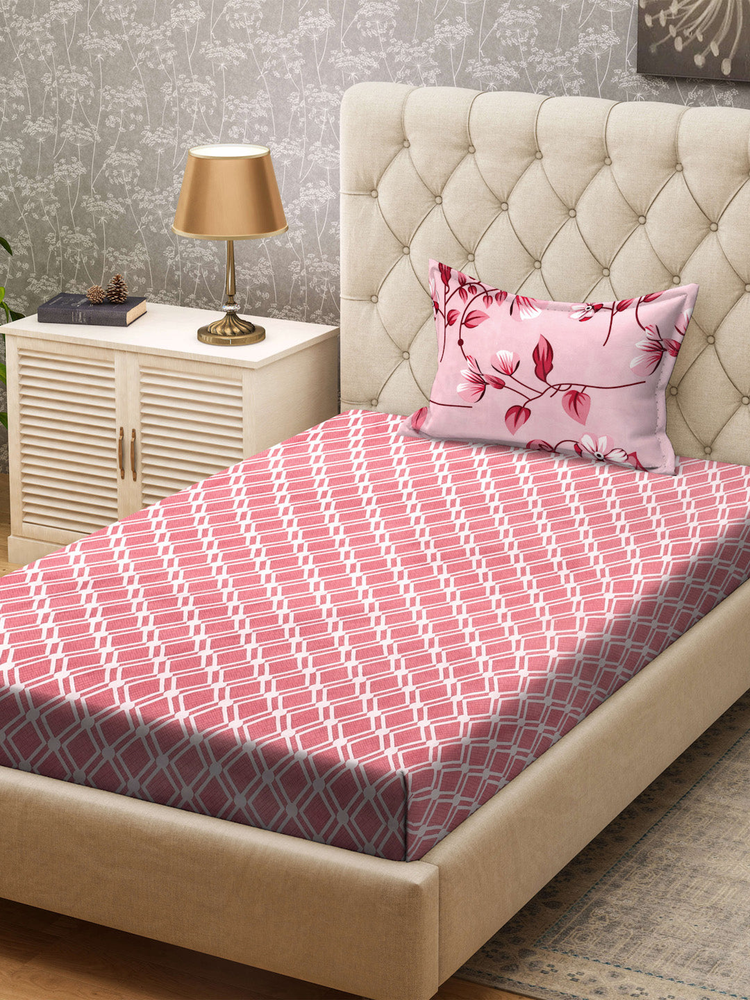 Klotthe Red Geometric 300 TC Cotton Blend Single Bedsheet with Pillow Cover
