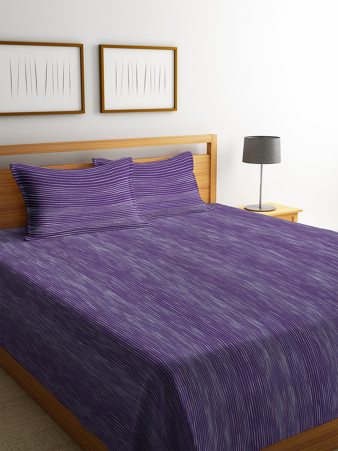 100% Cotton King Size Handwoven Bed Cover with Two Pillow Covers by KLOTTHEĀ® (Violet Striped