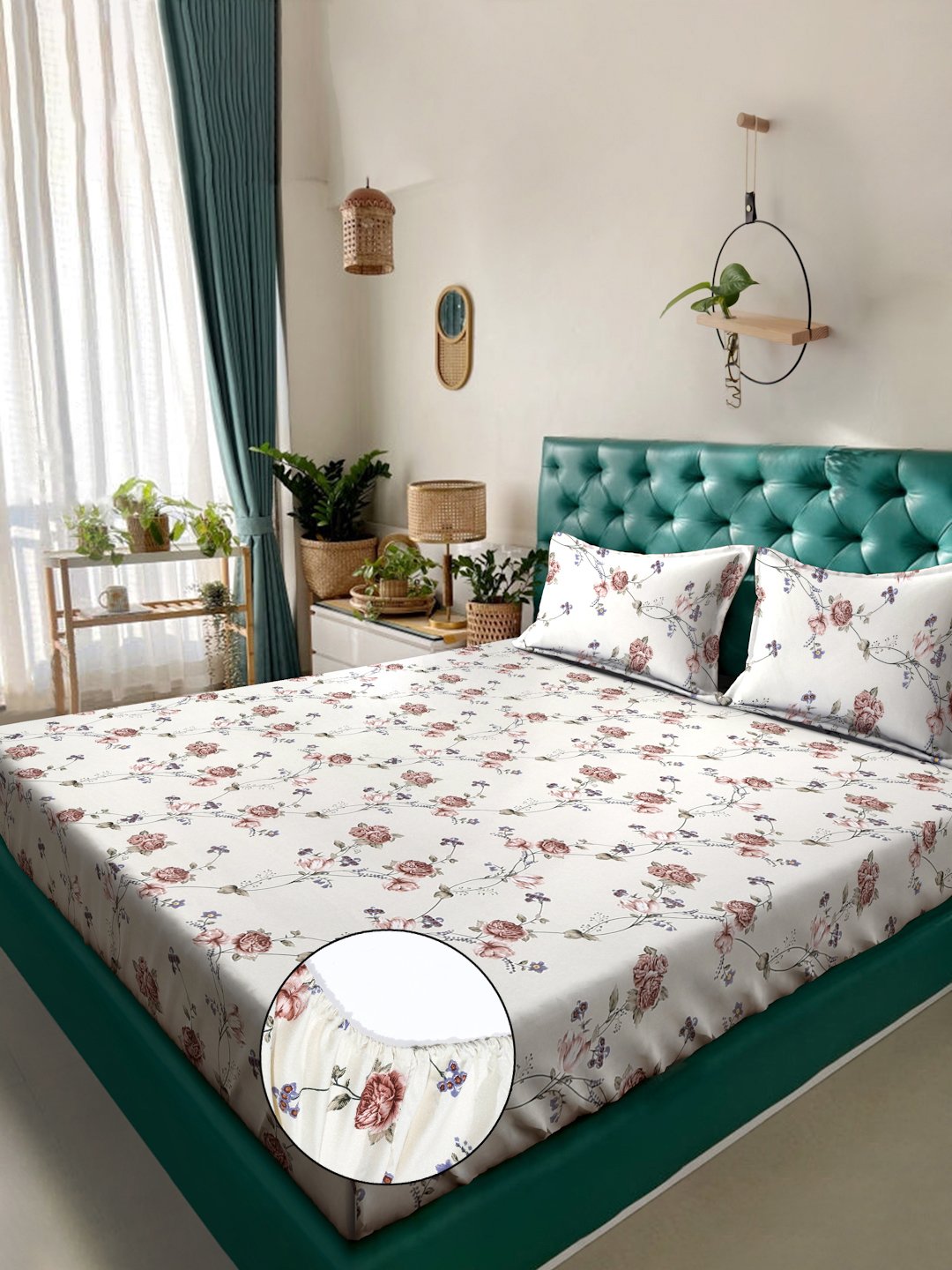Beige Floral 300 TC Cotton Blend Fitted Double Bedsheet with 2 Pillow Covers