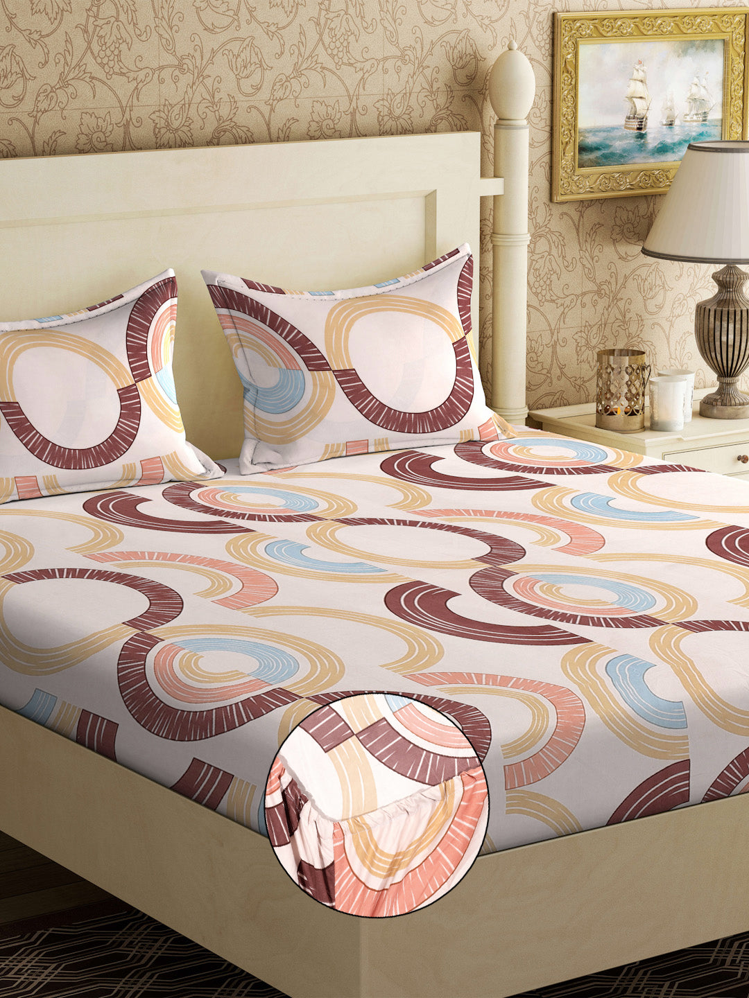 Klotthe Beige Geometric 300 TC Cotton Blend Fitted Double Bedsheet with 2 Pillow Covers