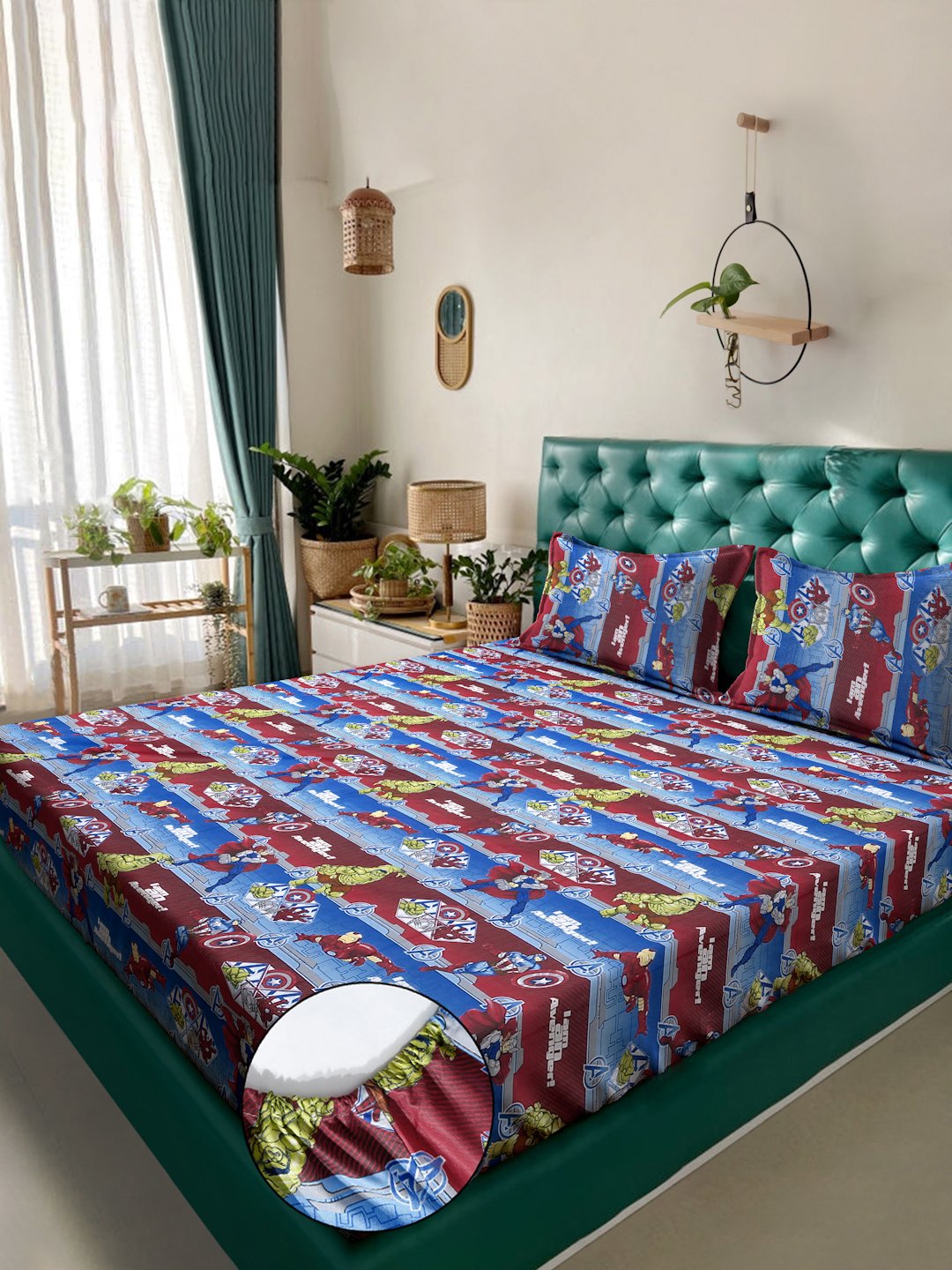 Blue Cartoon Characters 400 TC Pure Cotton Fitted Double Bedsheet with 2 Pillow Covers