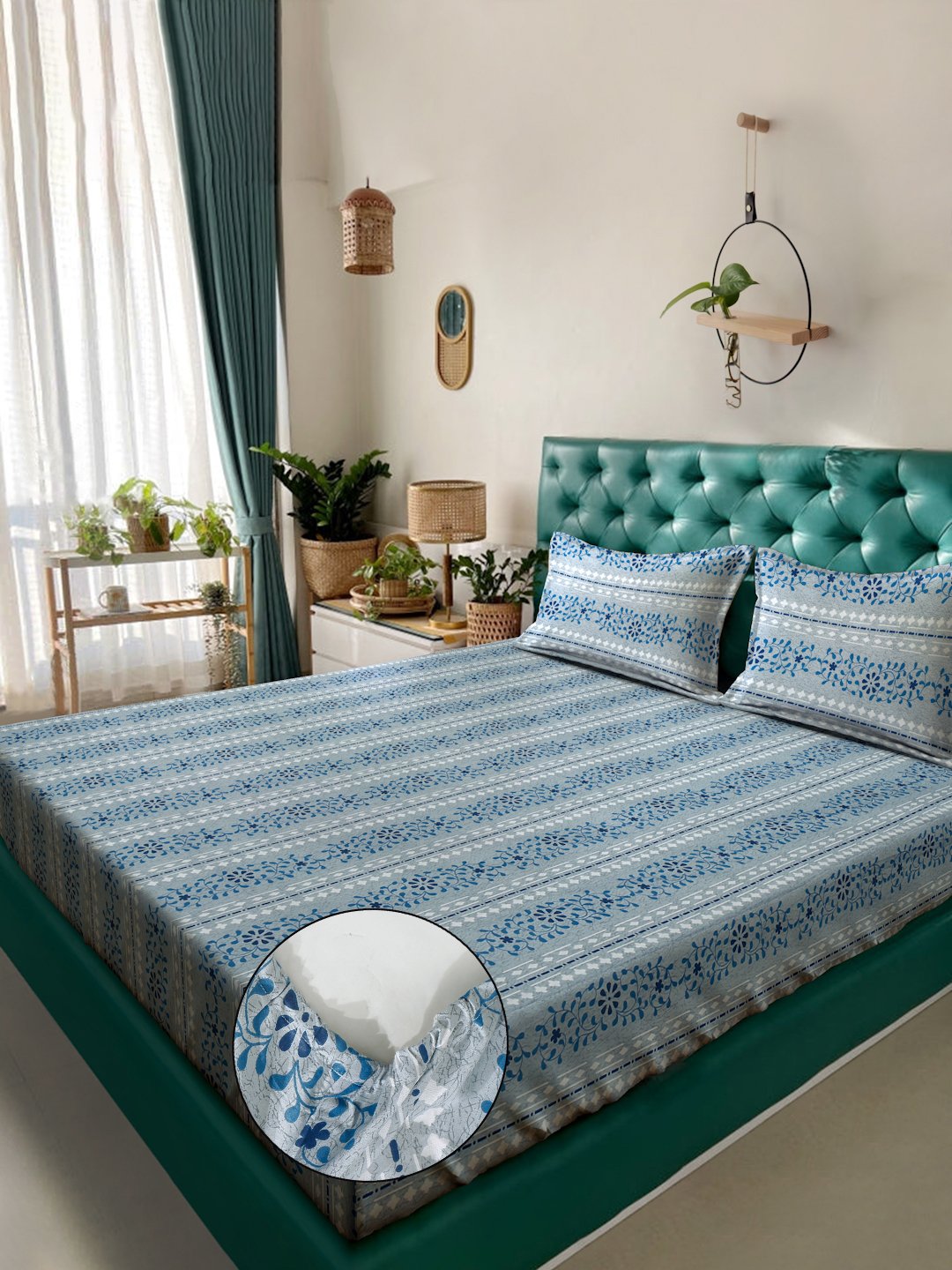 Blue Floral 400 TC Pure Cotton Fitted Double Bedsheet with 2 Pillow Covers