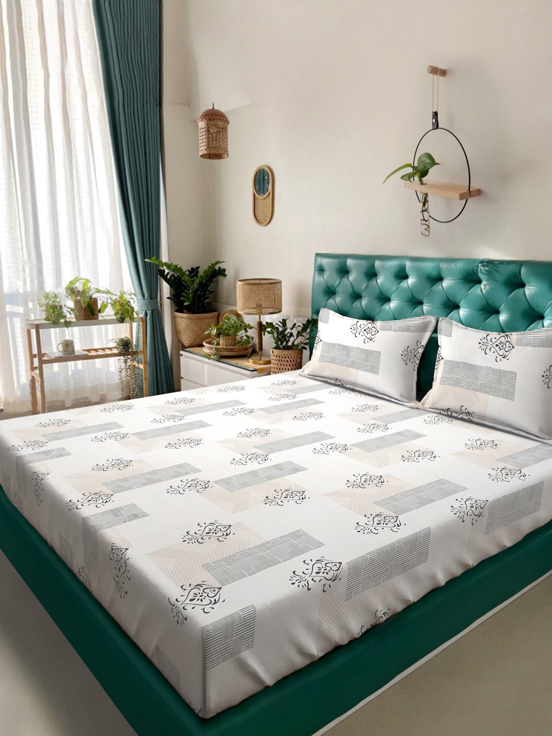 Cream Ethnic Motifs 300 TC Cotton Blend Fitted Double Bedsheet with 2 Pillow Covers