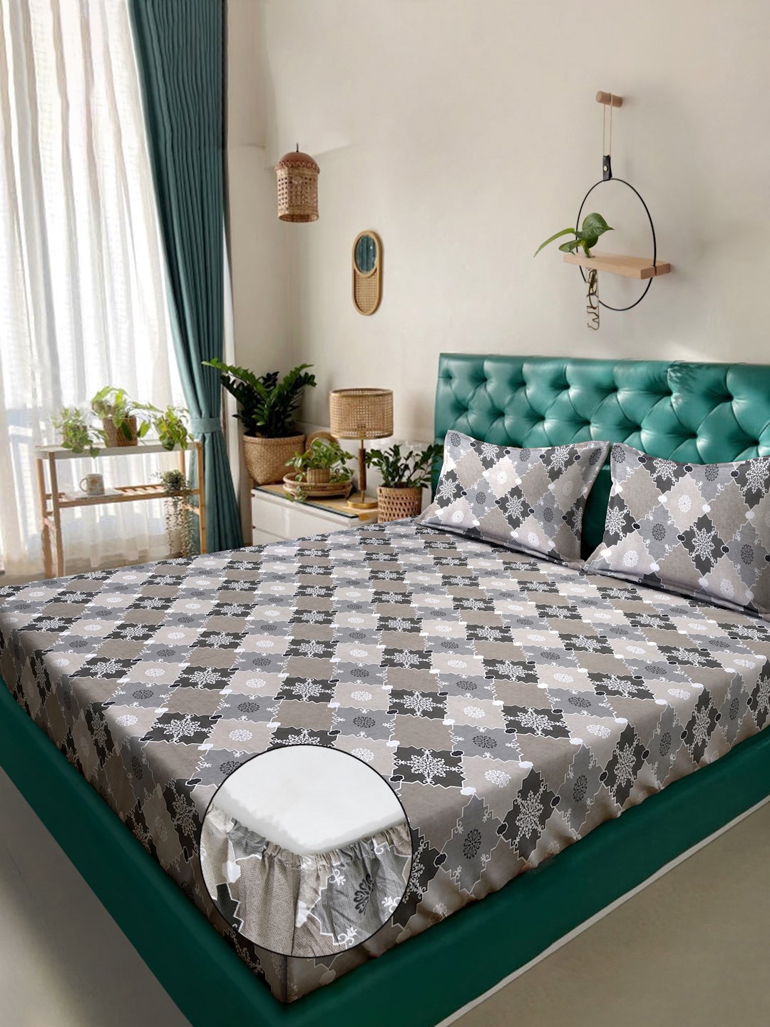 Grey Geometric 400 TC Pure Cotton Fitted Double Bedsheet with 2 Pillow Covers