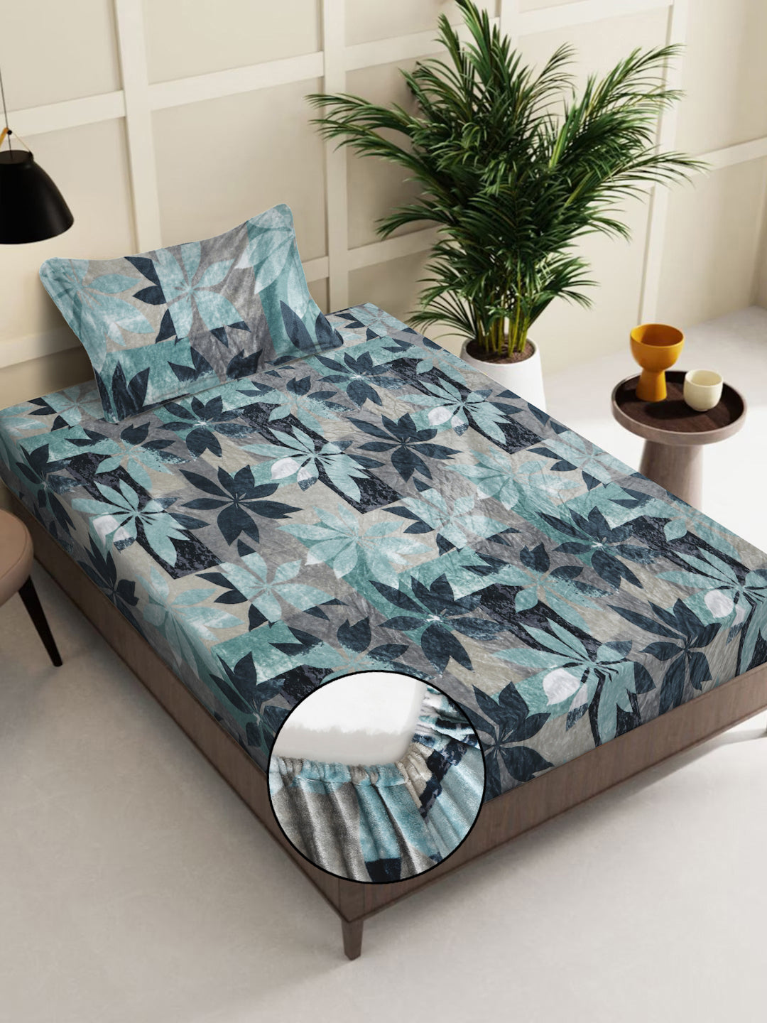 Klotthe Green Floral Woolen Fitted Single Bed Sheet with Pillow Cover