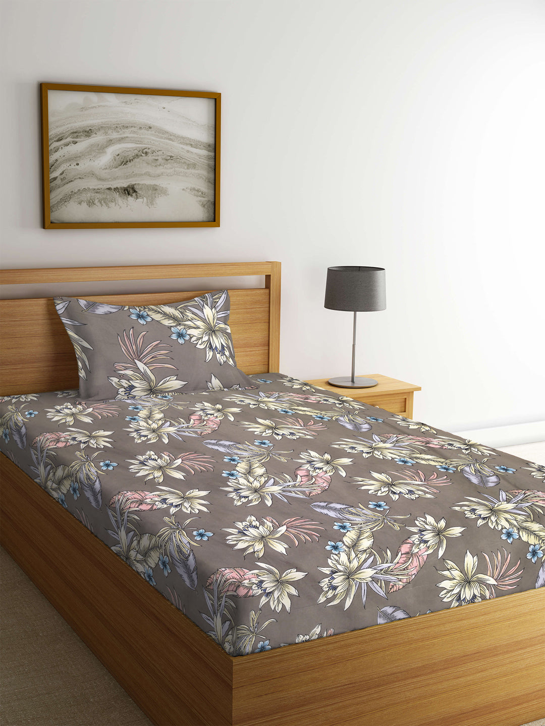 KLOTTHE Brown Polycotton Floral Single Bedsheet with 1 Pillow Cover (215X150 cm)