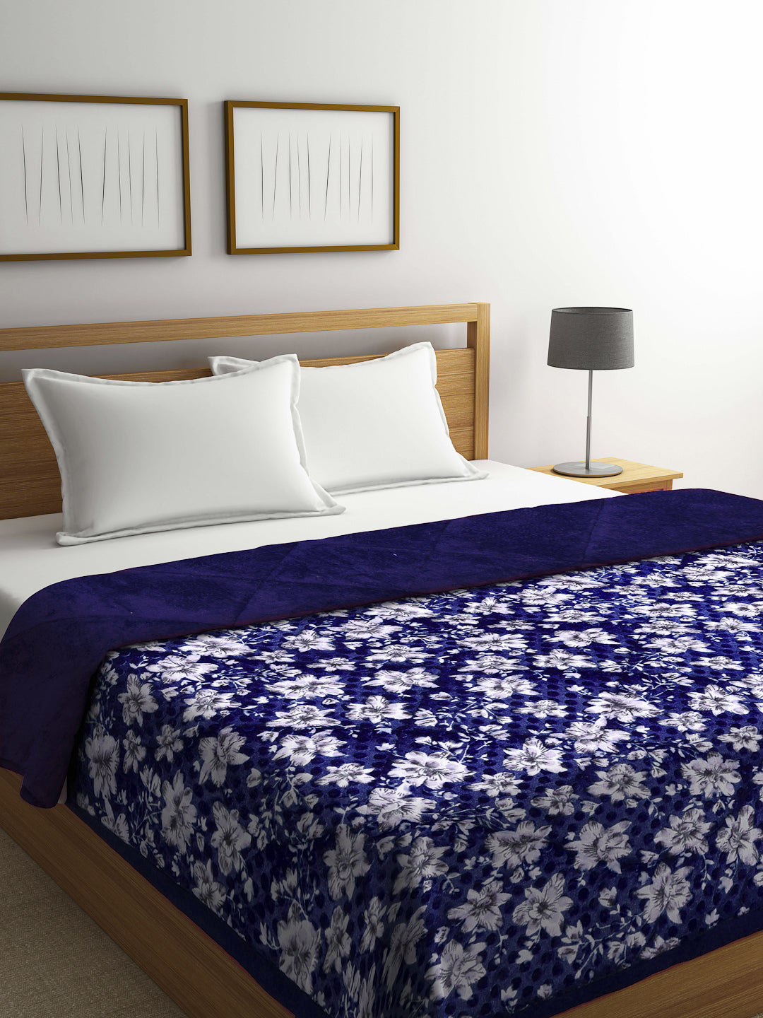 Klotthe Blue Floral Printed 800 GSM Heavy Winter Double Bed Quilt