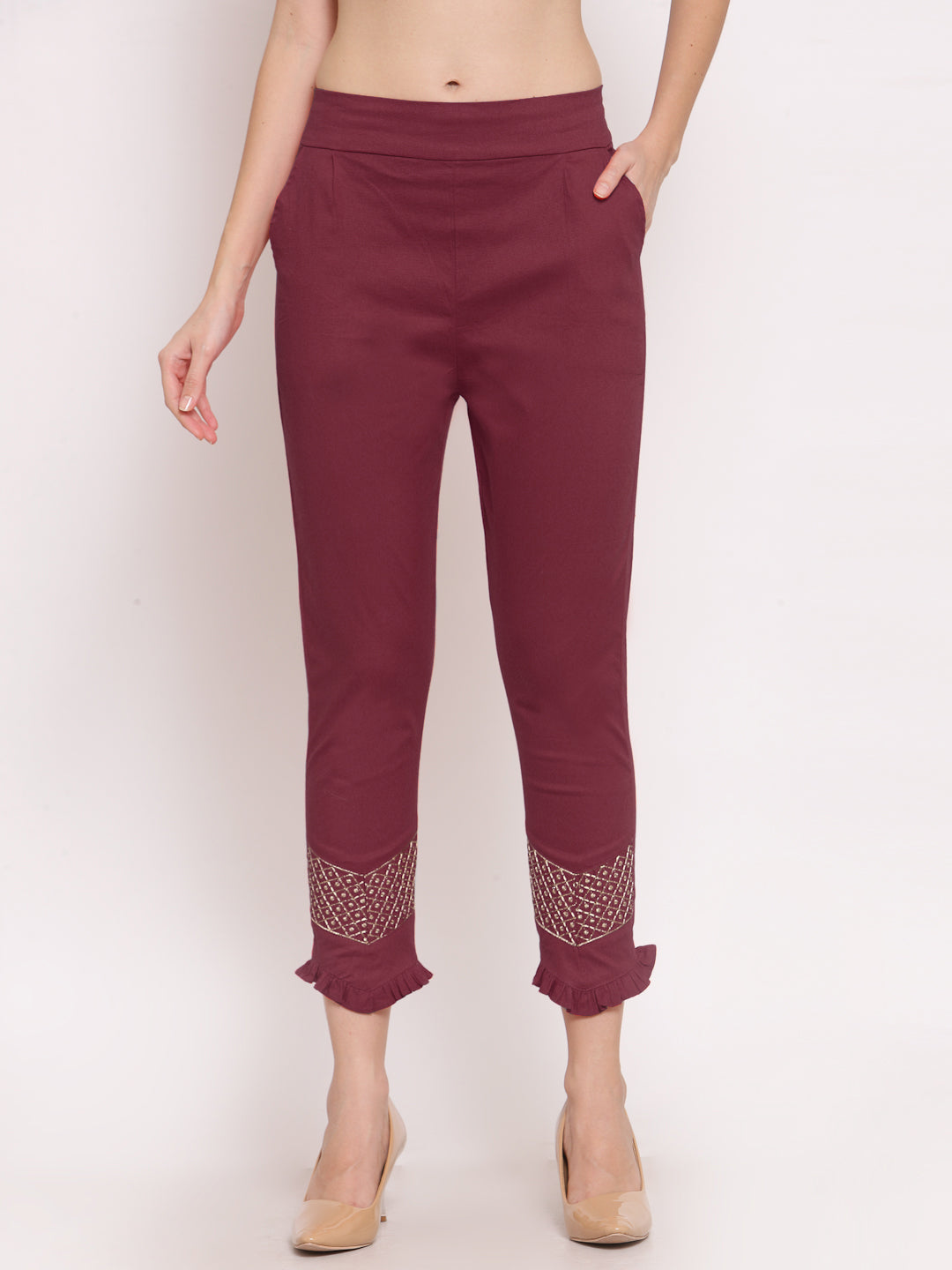 Klotthe Women Maroon Solid Slim Fit Trouser