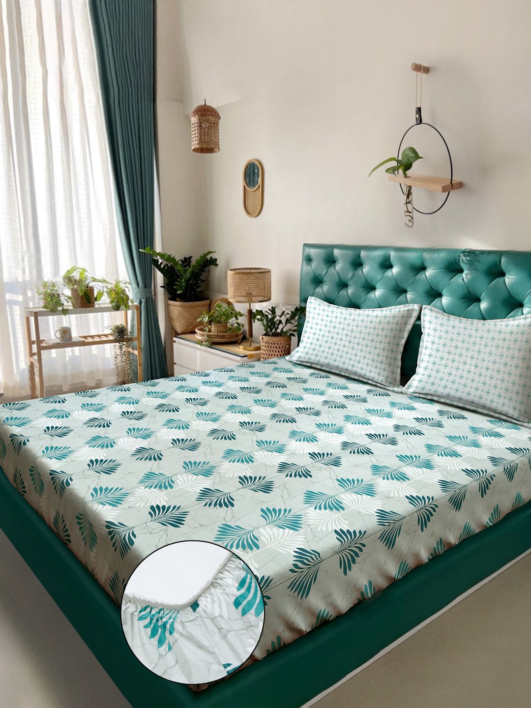 Green Floral 400 TC Pure Cotton Fitted Double Bedsheet with 2 Pillow Covers