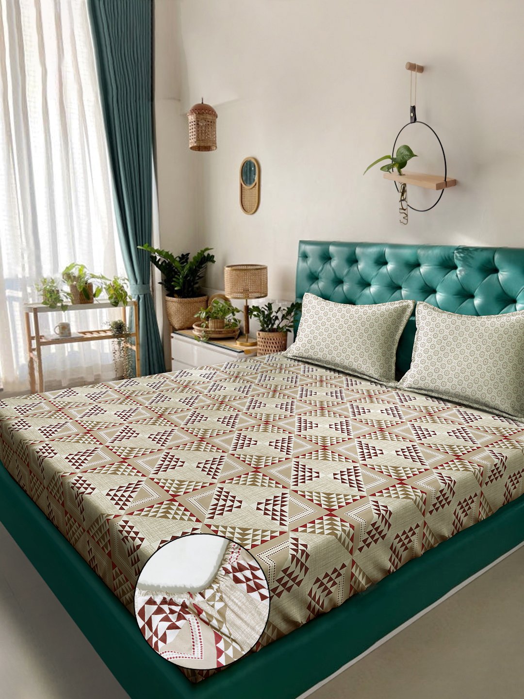 Beige Geometric 400 TC Pure Cotton Fitted Double Bedsheet with 2 Pillow Covers