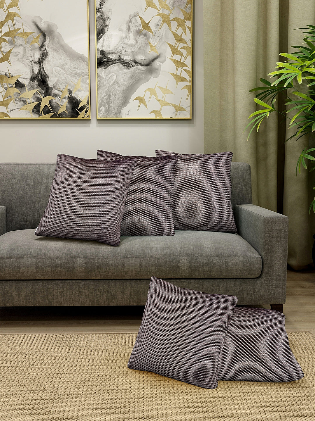 KLOTTHE Set of 5 Brown Polycotton Self Design Cushion Covers (30X30 cm)