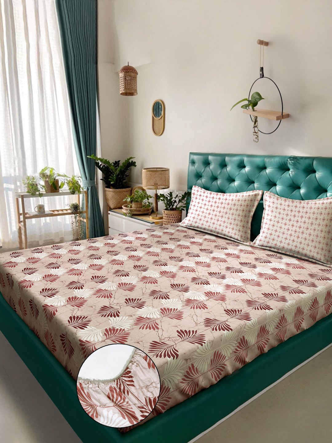 Beige Floral 400 TC Pure Cotton Fitted Double Bedsheet with 2 Pillow Covers