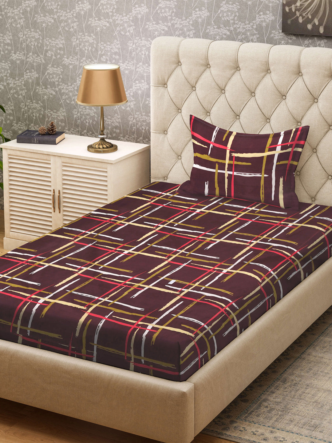 Klotthe Brown Striped 300 TC Cotton Blend Single Bedsheet with Pillow Cover