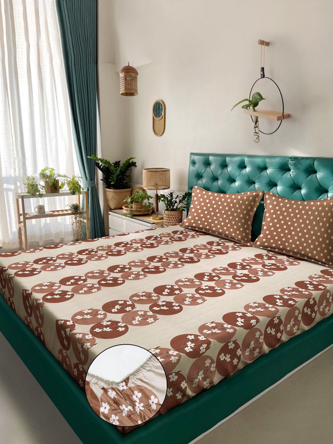 Brown Floral 400 TC Pure Cotton Fitted Double Bedsheet with 2 Pillow Covers