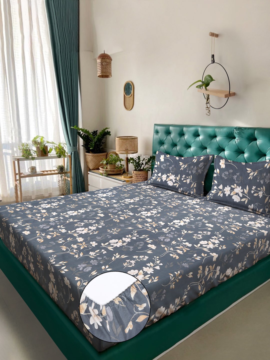 Grey Floral 300 TC Cotton Blend Fitted Double Bedsheet with 2 Pillow Covers