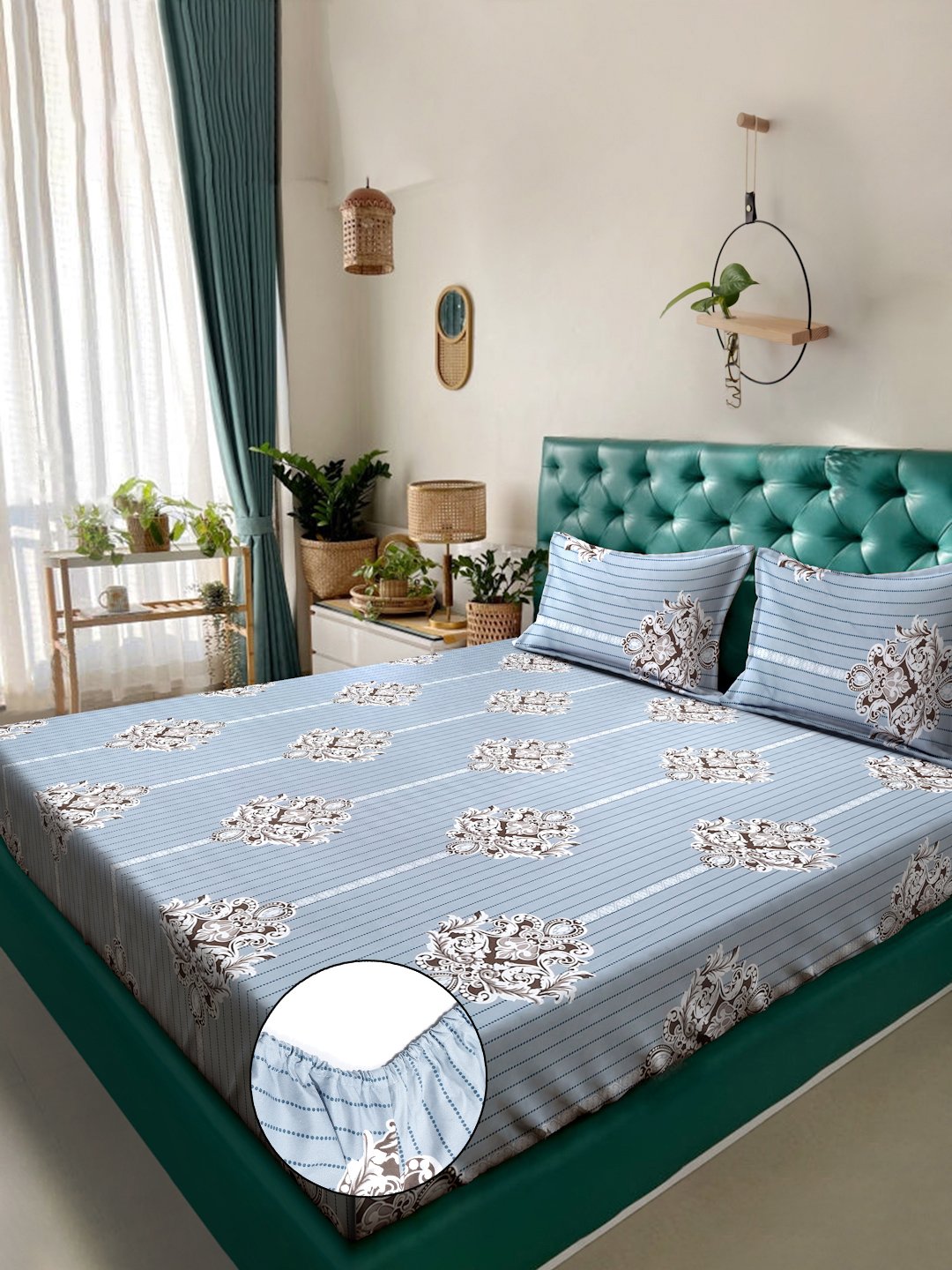 Grey Ethnic Motifs 300 TC Cotton Blend Fitted Double Bedsheet with 2 Pillow Covers