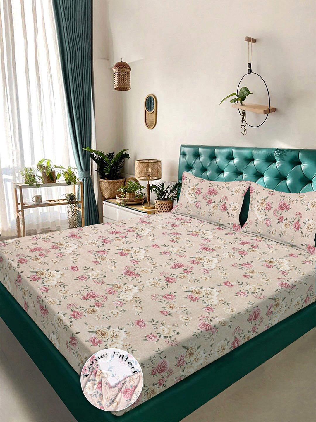 Beige Floral 300 TC Cotton Blend Fitted Double Bedsheet with 2 Pillow Covers