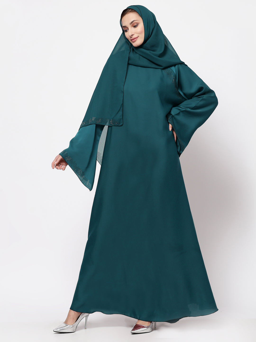 Klotthe Women Turquise Embellished Burqa With Scarves