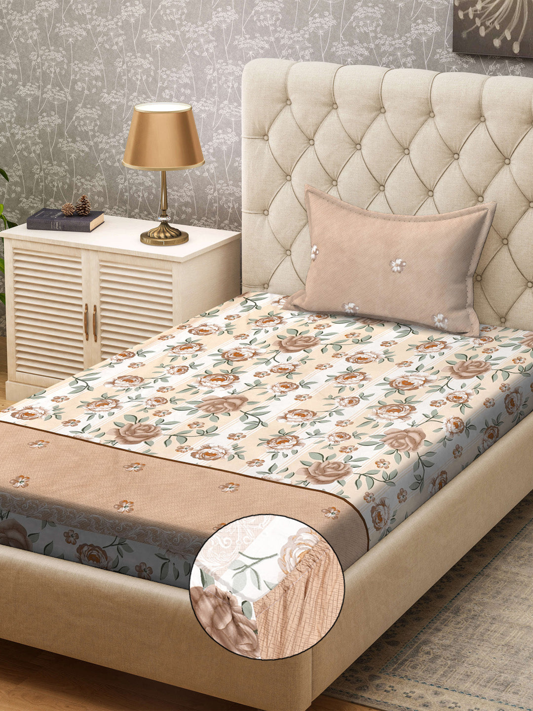 Klotthe Brown Floral 300 TC Cotton Blend Fitted Single Bedsheet with Pillow Cover