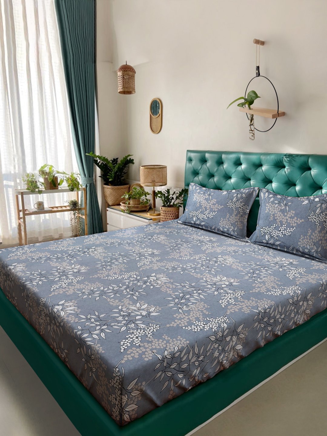 Grey Floral 300 TC Cotton Blend Fitted Double Bedsheet with 2 Pillow Covers