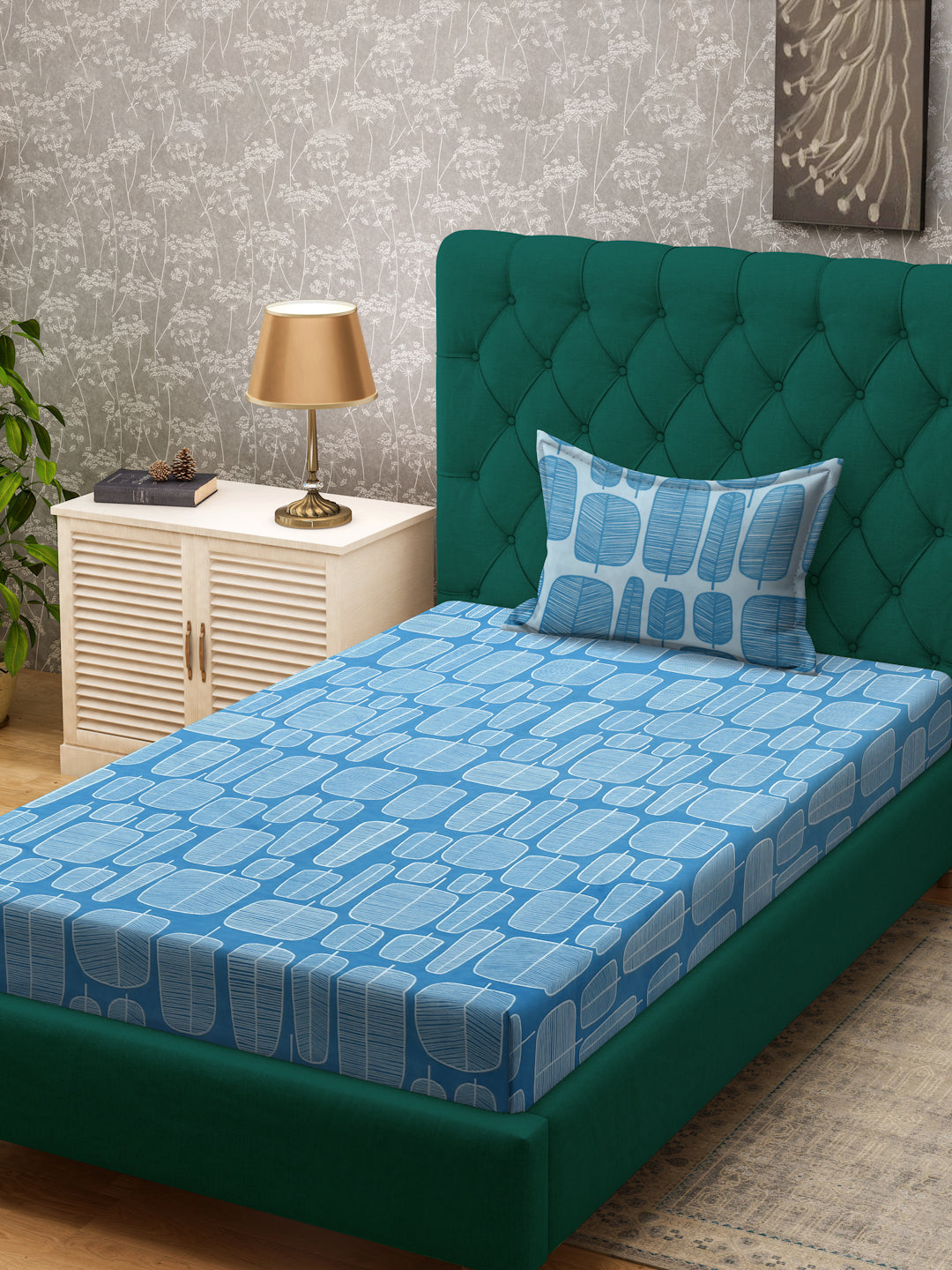 Klotthe Turquoise Geometric 300 TC Cotton Blend Single Bedsheet with Pillow Cover