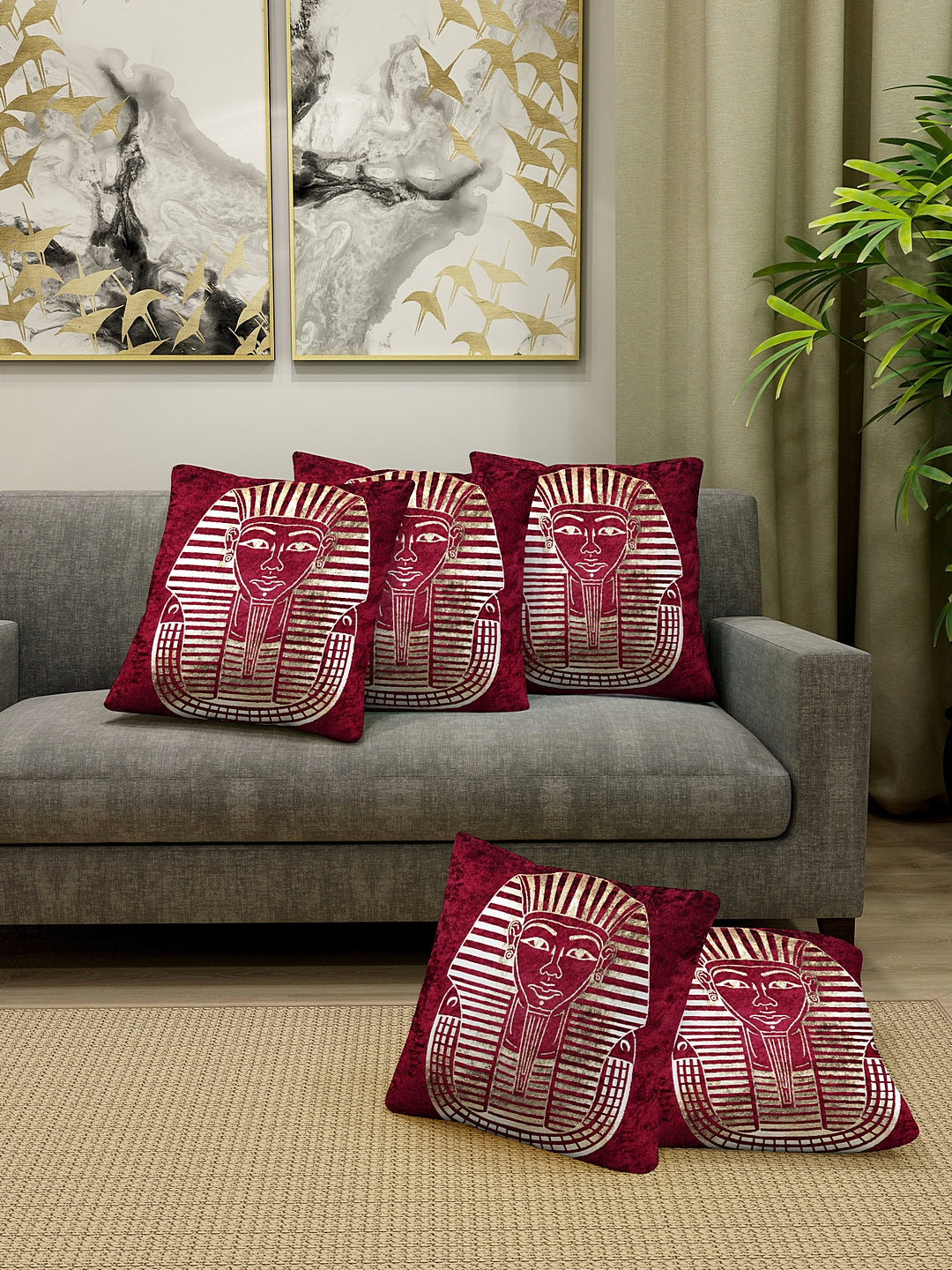 Klotthe Velvet Maroon Colourblocked Set of 5 Cushion Cover (40X40 cm)
