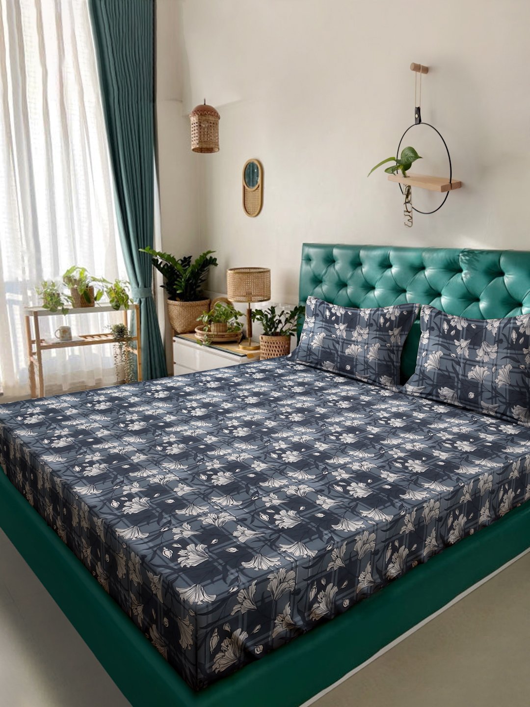 Grey Floral 300 TC Cotton Blend Fitted Double Bedsheet with 2 Pillow Covers