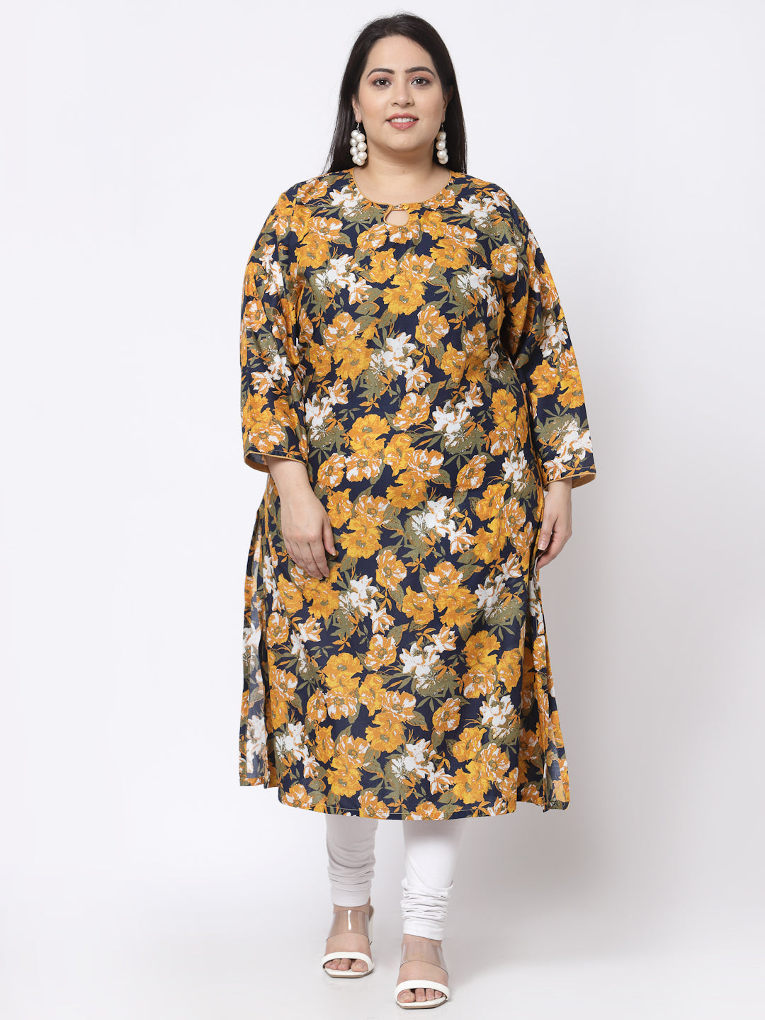 Klotthe Women Multi Floral Printed Pure Cotton Round Neck Kurti