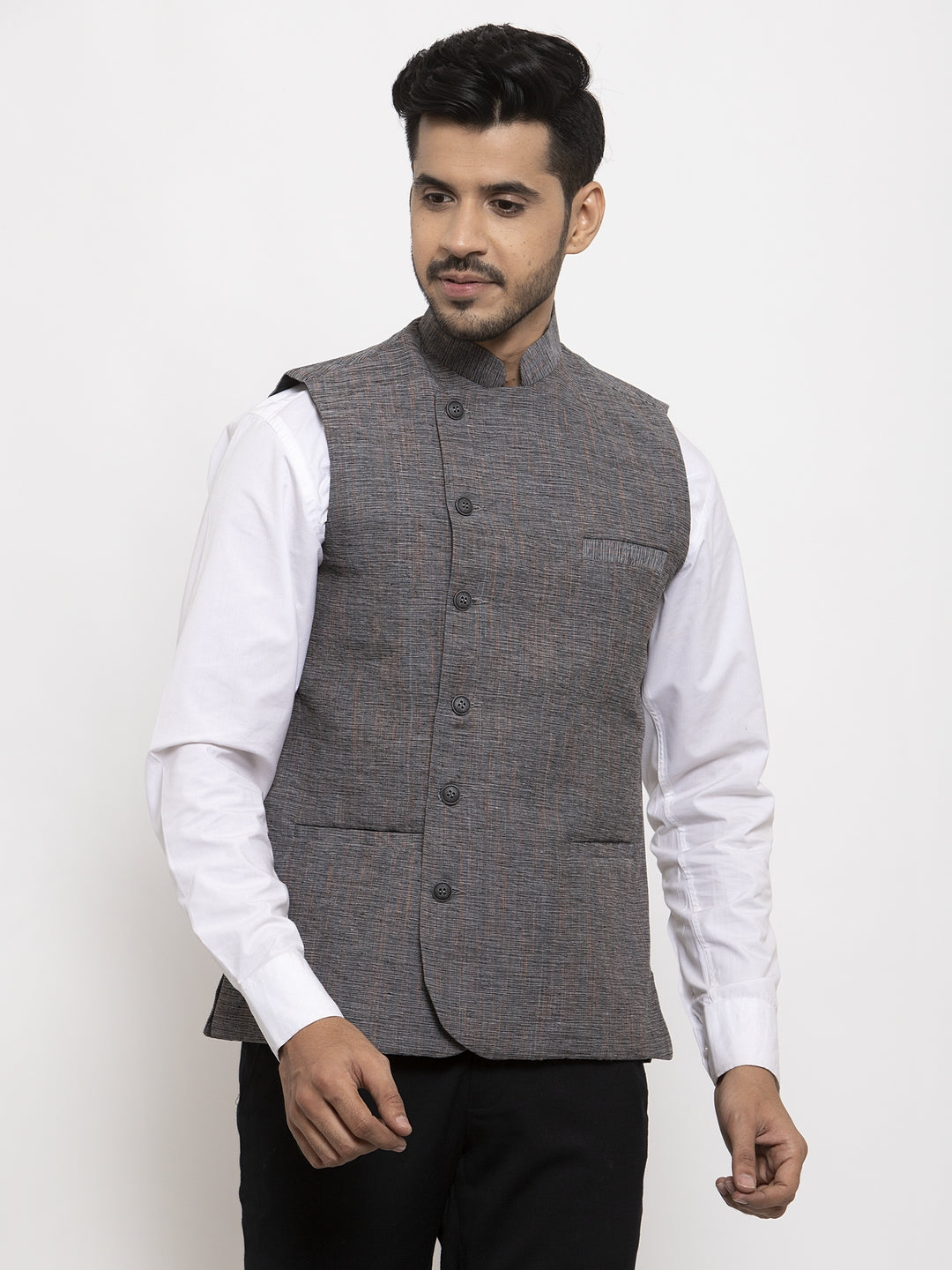 Klotthe Grey Woven Design Pure Cotton Nehru Jacket