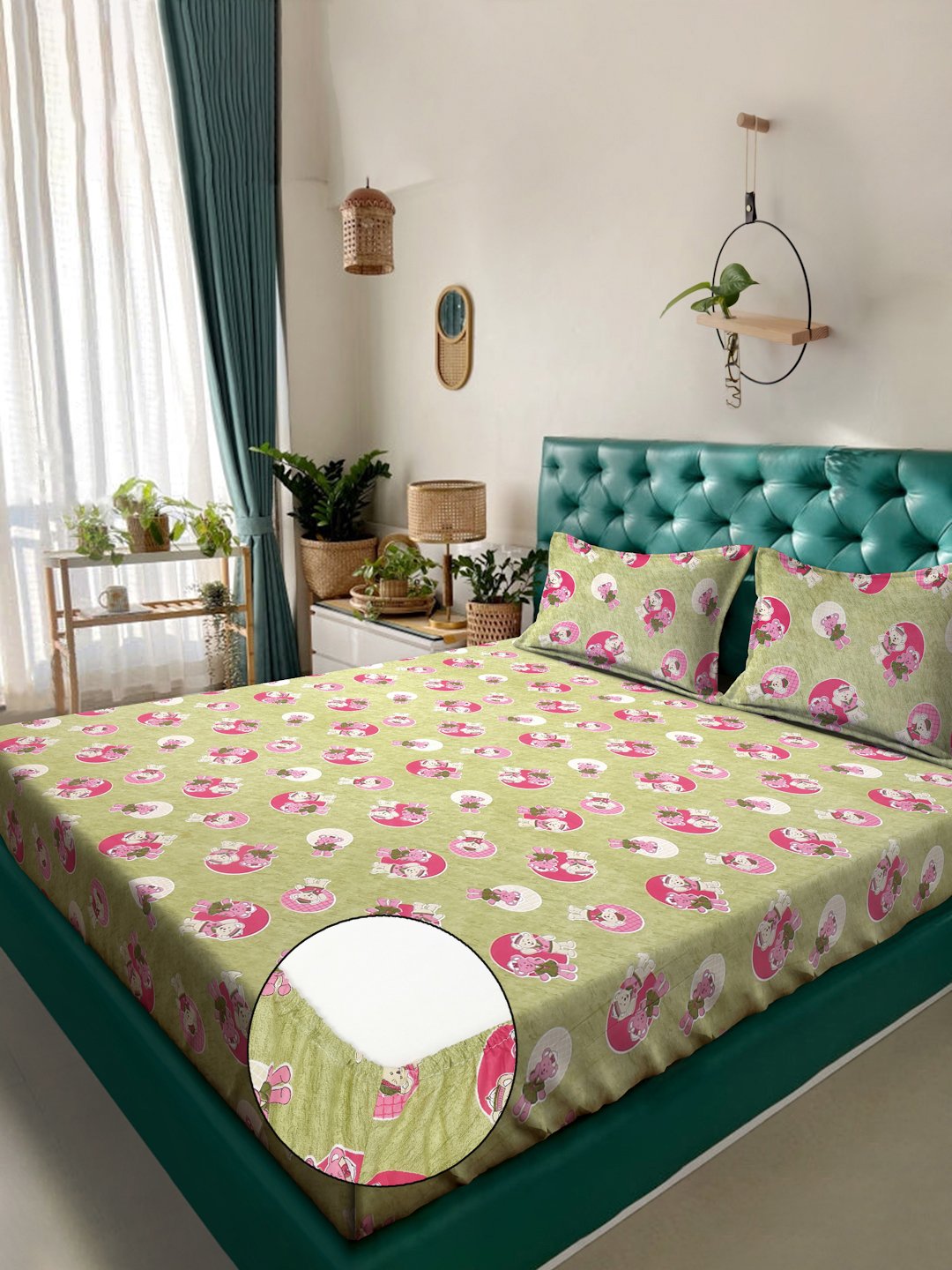 Green Cartoon Characters 400 TC Pure Cotton Fitted Double Bedsheet with 2 Pillow Covers