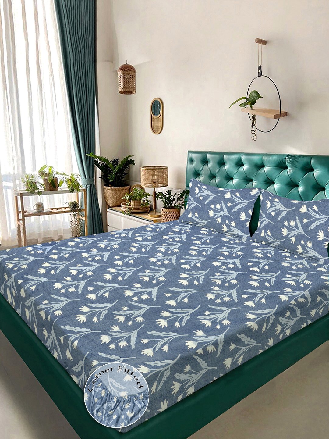 Blue Floral 300 TC Cotton Blend Fitted Double Bedsheet with 2 Pillow Covers