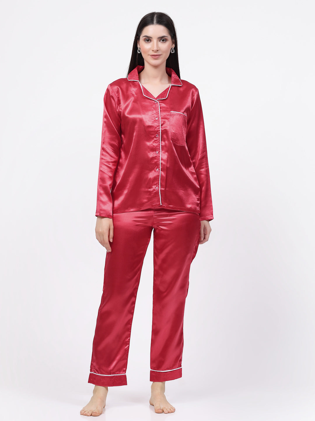Klotthe Women Red Solid Satin Night Suit by KLOTTHE