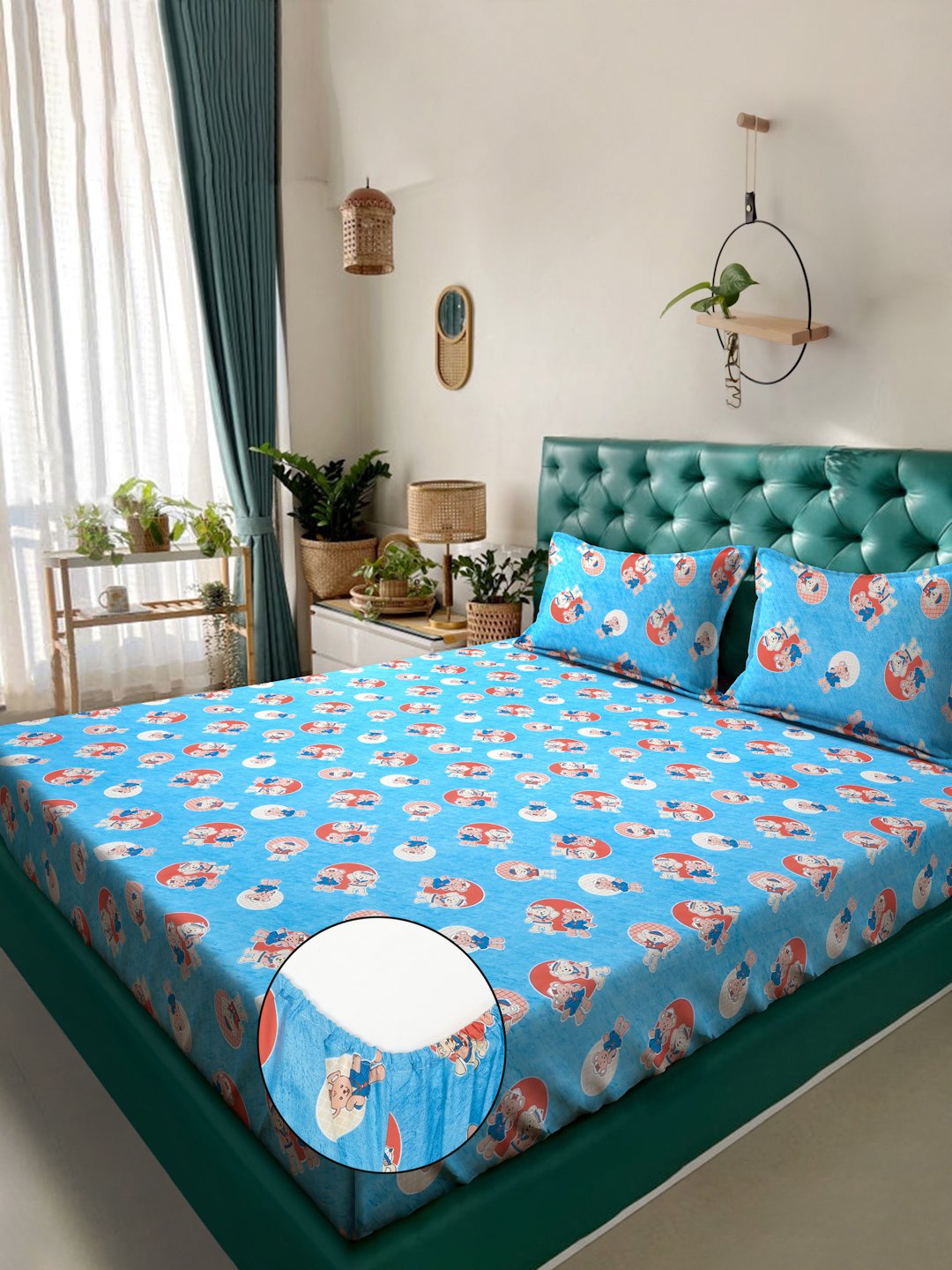 Blue Cartoon Characters 400 TC Pure Cotton Fitted Double Bedsheet with 2 Pillow Covers