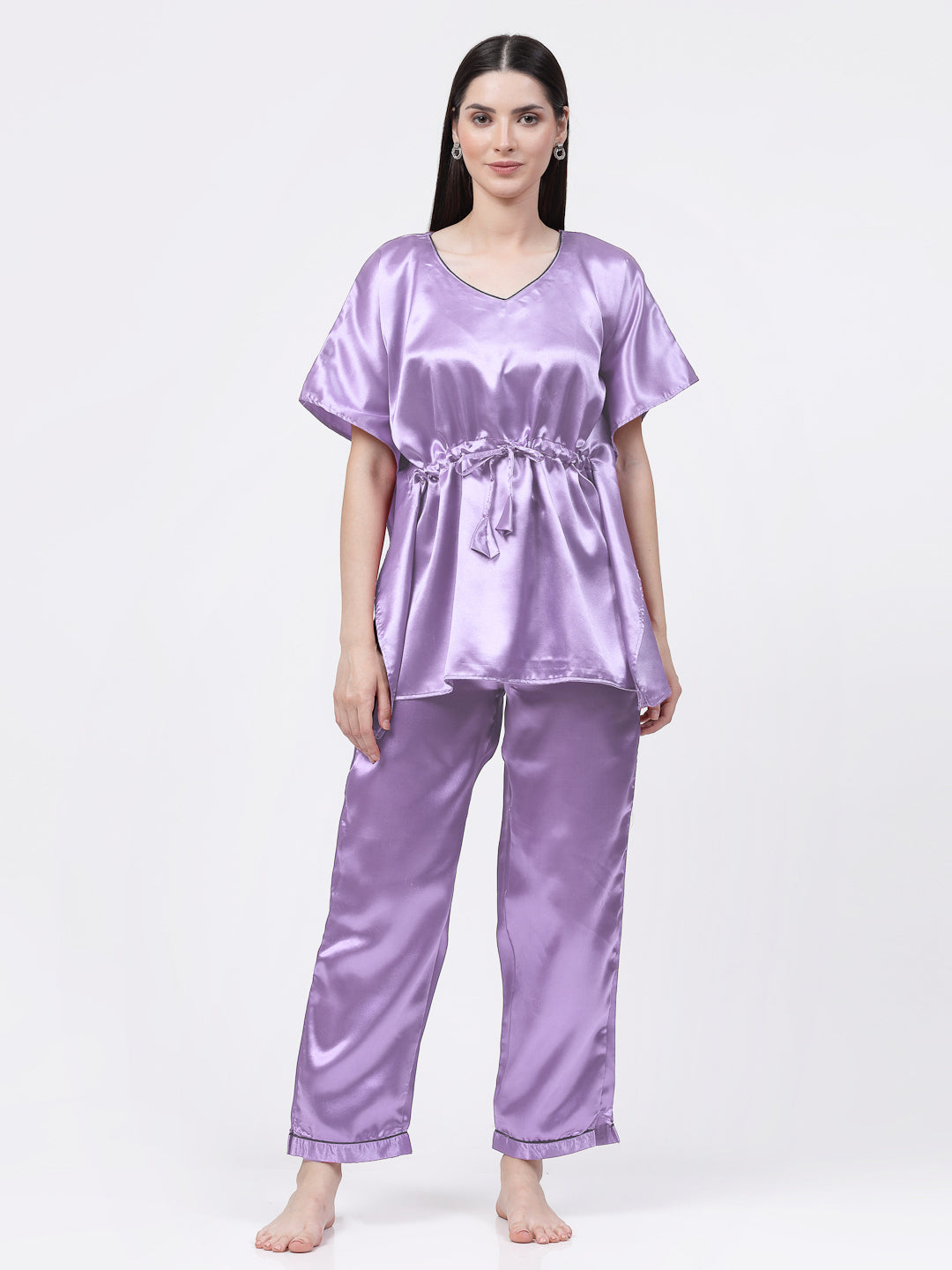 Klotthe Women Purple Solid Satin Kaftan Night Suit by KLOTTHE