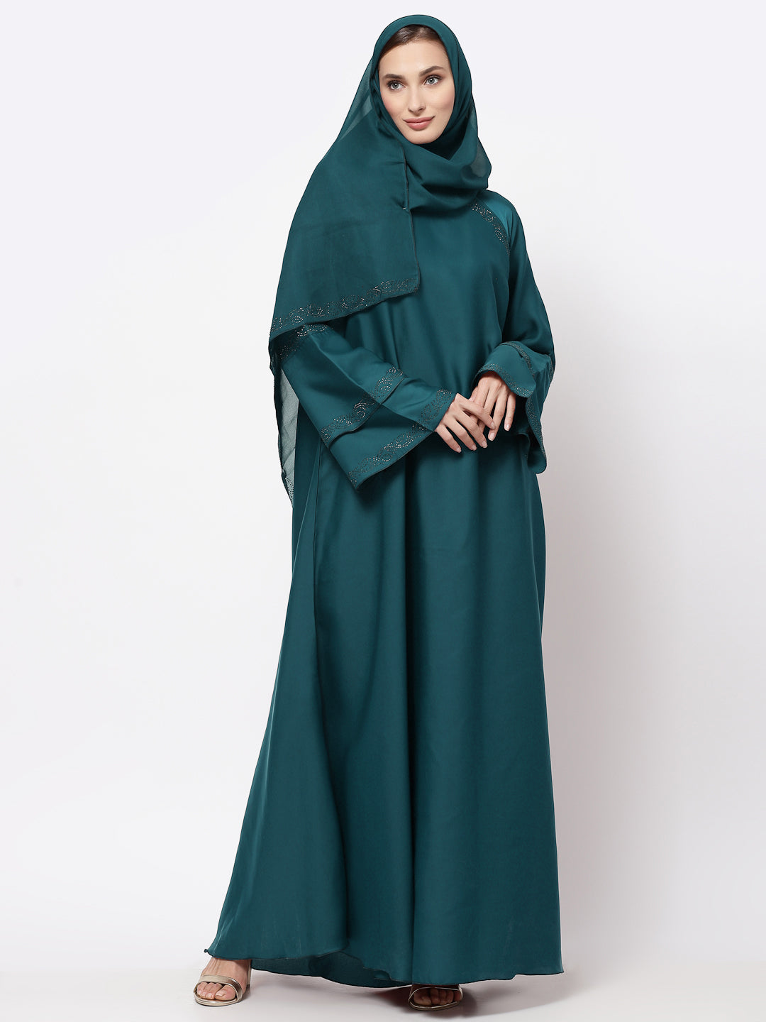 Klotthe Women Turquise Embellished Burqa With Scarves