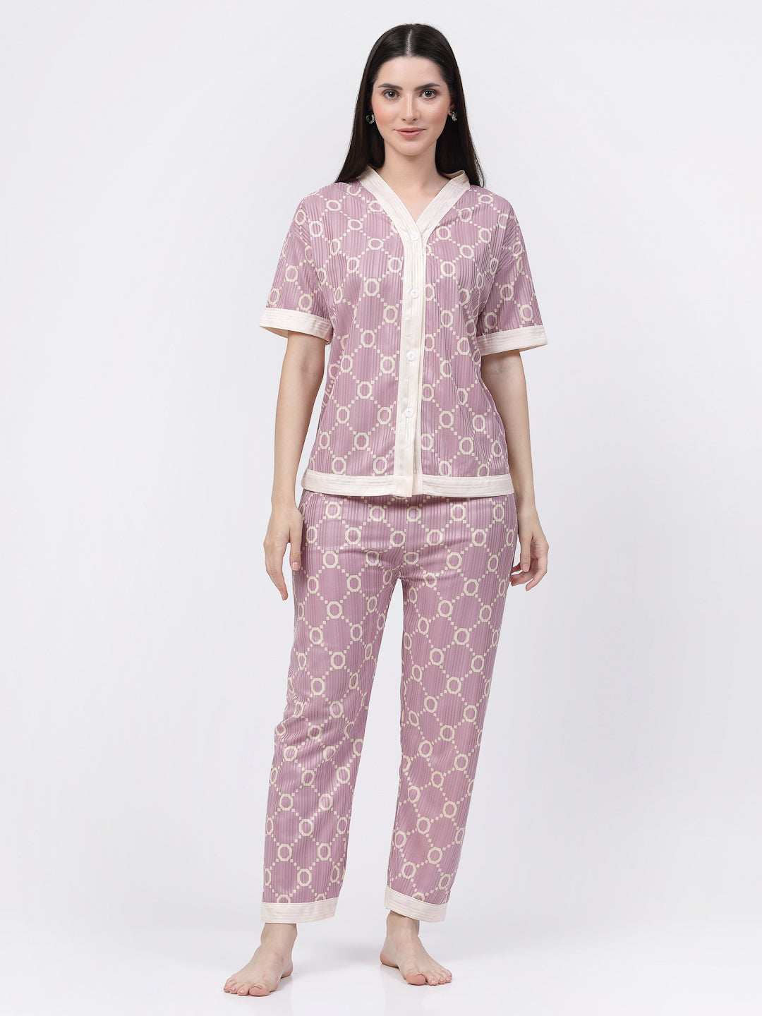 Klotthe Women Purple Geometric Satin Night Suit by KLOTTHE