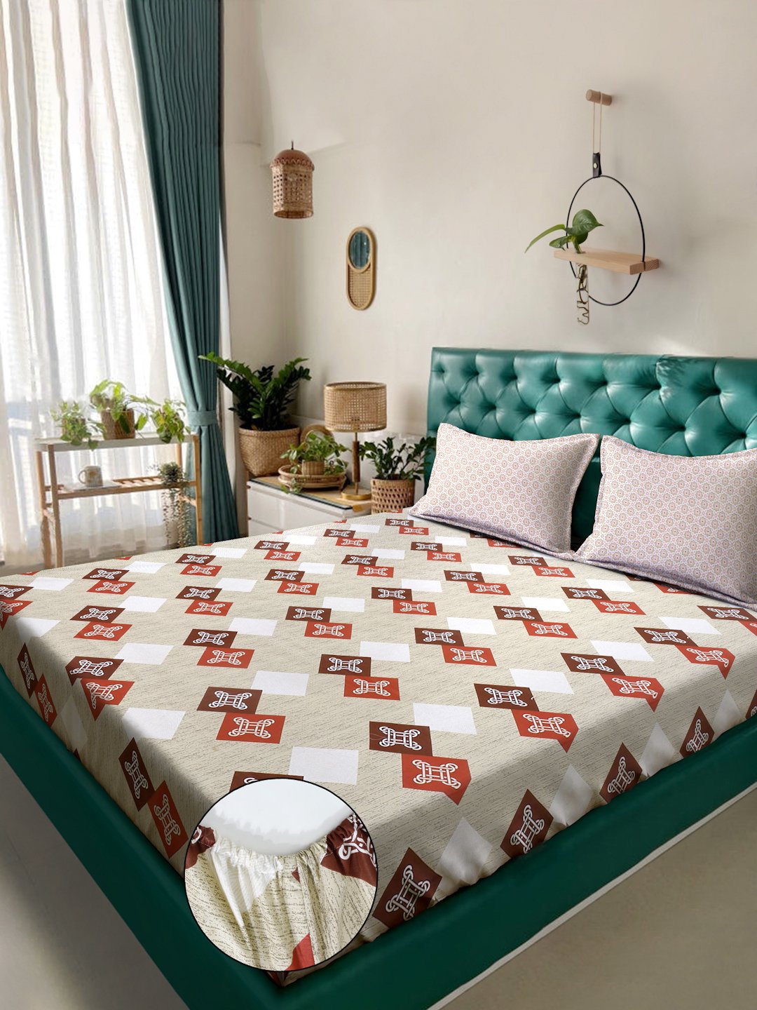 Beige Geometric 400 TC Pure Cotton Fitted Double Bedsheet with 2 Pillow Covers