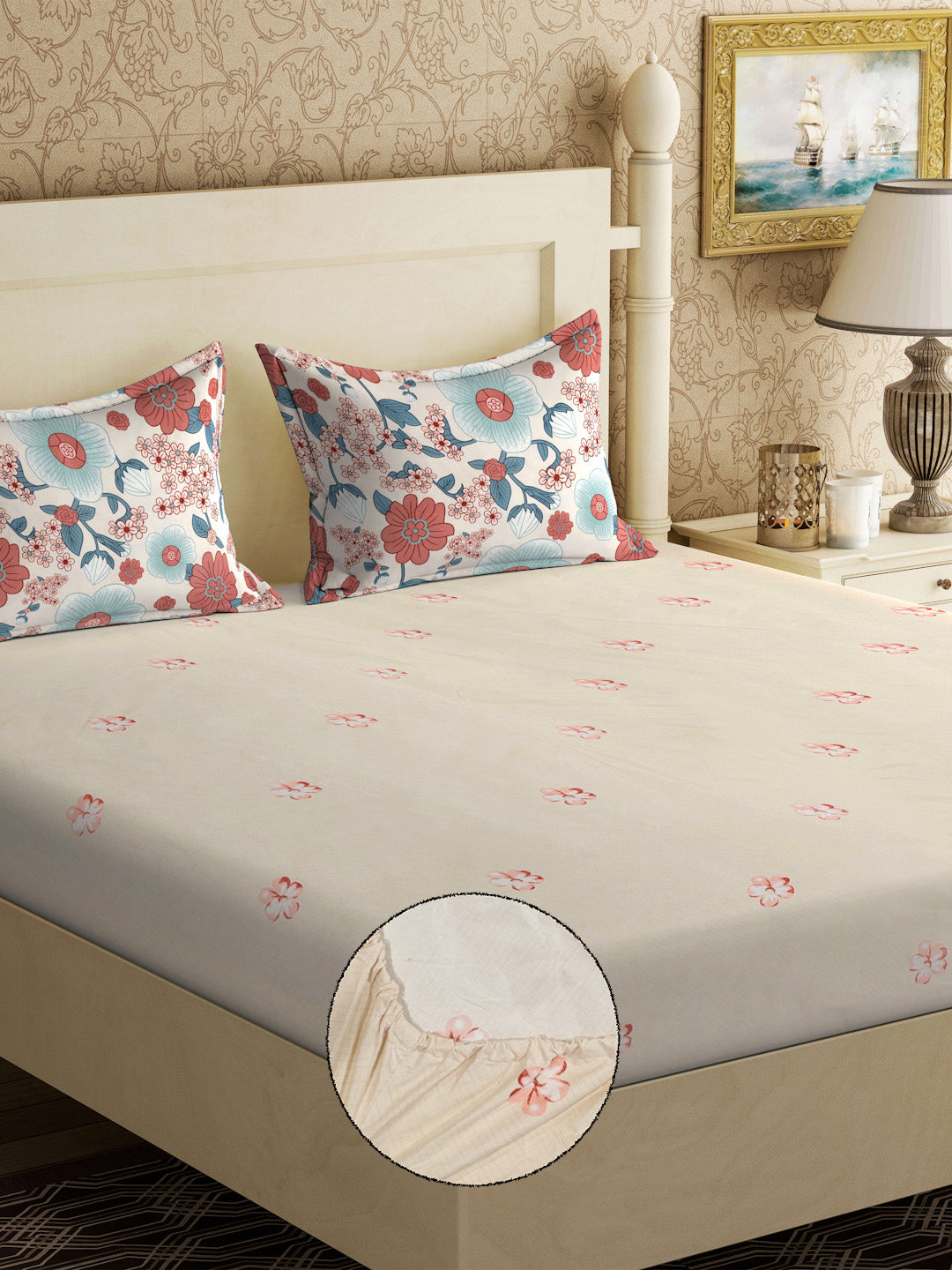 Klotthe Beige Floral 300 TC Cotton Blend Fitted Double Bedsheet with 2 Pillow Covers
