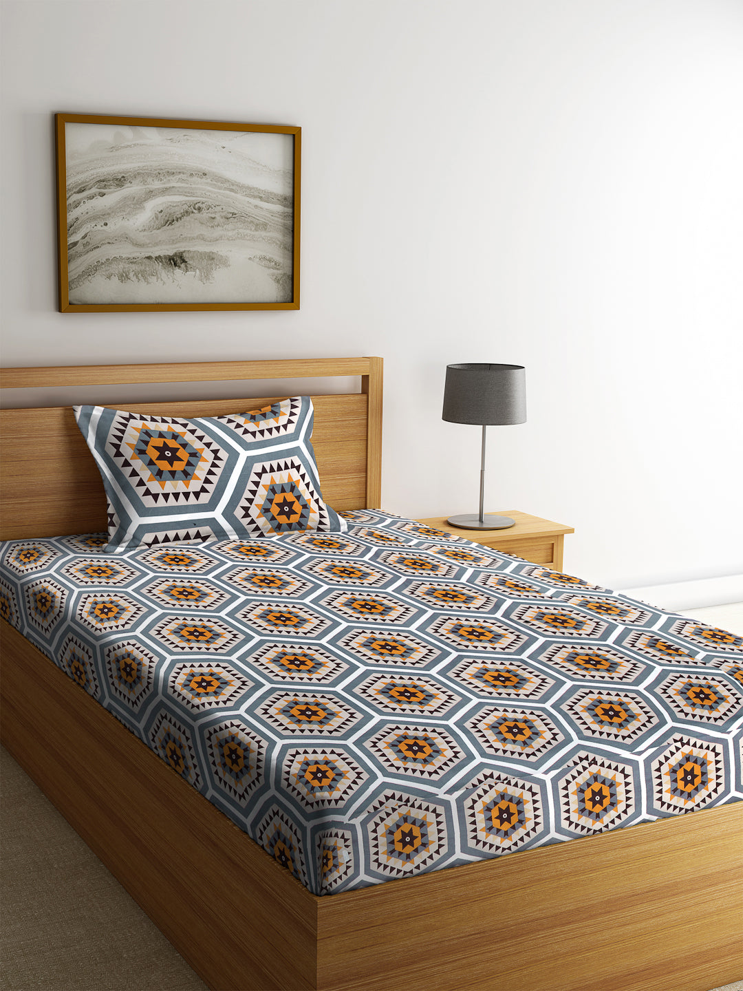 KLOTTHE Multi Polycotton Geometric BedSheet With 1 Pillow Cover (225X150 cm)