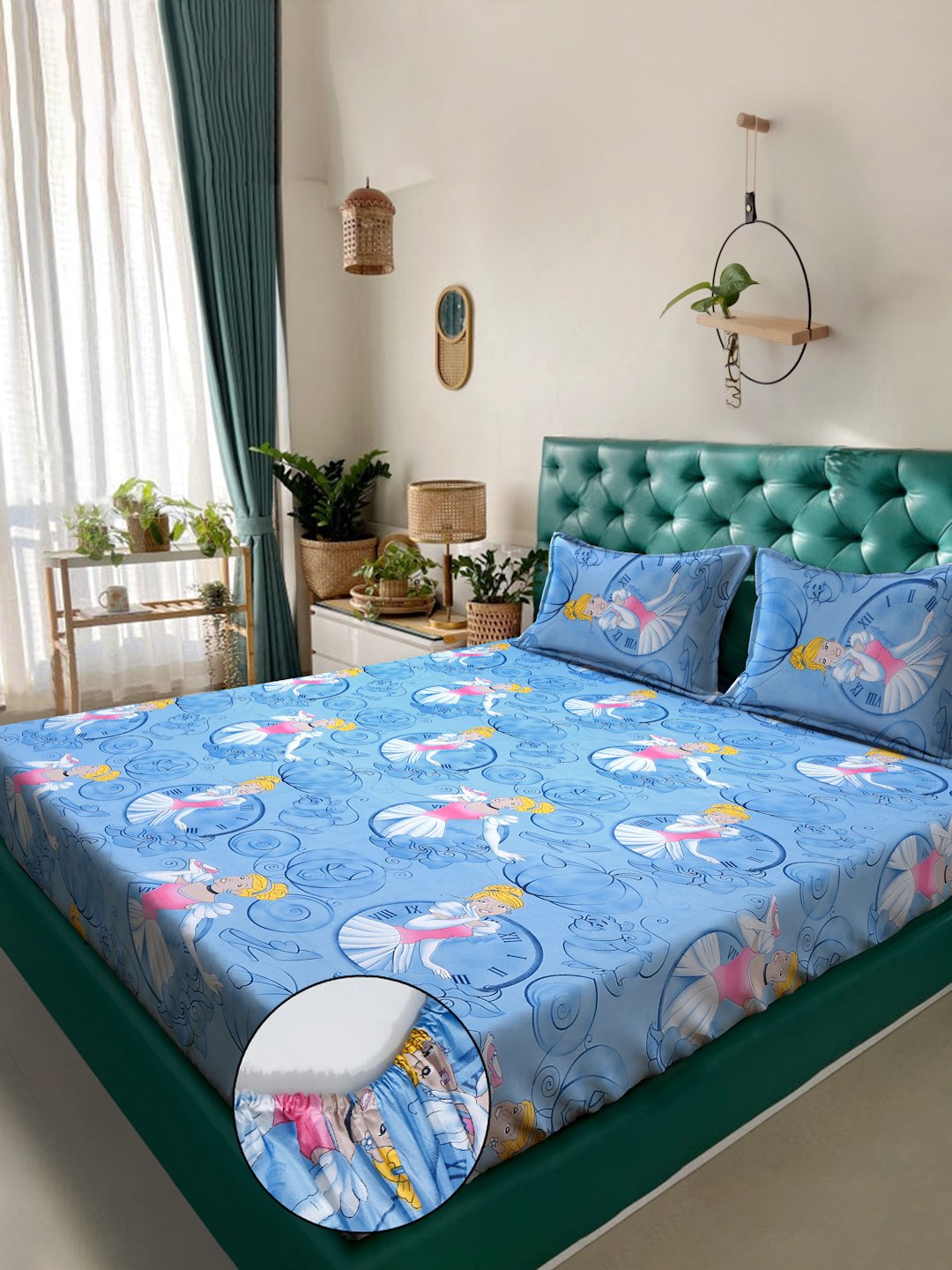 Blue Cartoon Characters 400 TC Pure Cotton Fitted Double Bedsheet with 2 Pillow Covers