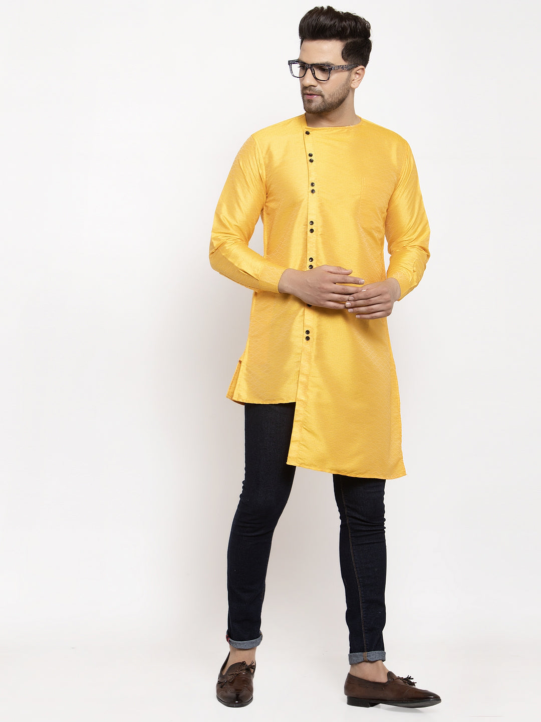 Klotthe Yellow Round Neck Embellished Cotton Silk Kurta