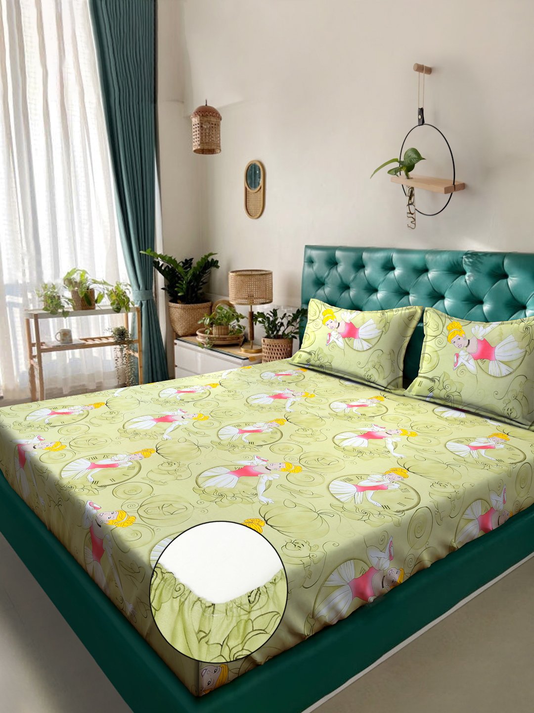 Green Cartoon Characters 400 TC Pure Cotton Fitted Double Bedsheet with 2 Pillow Covers