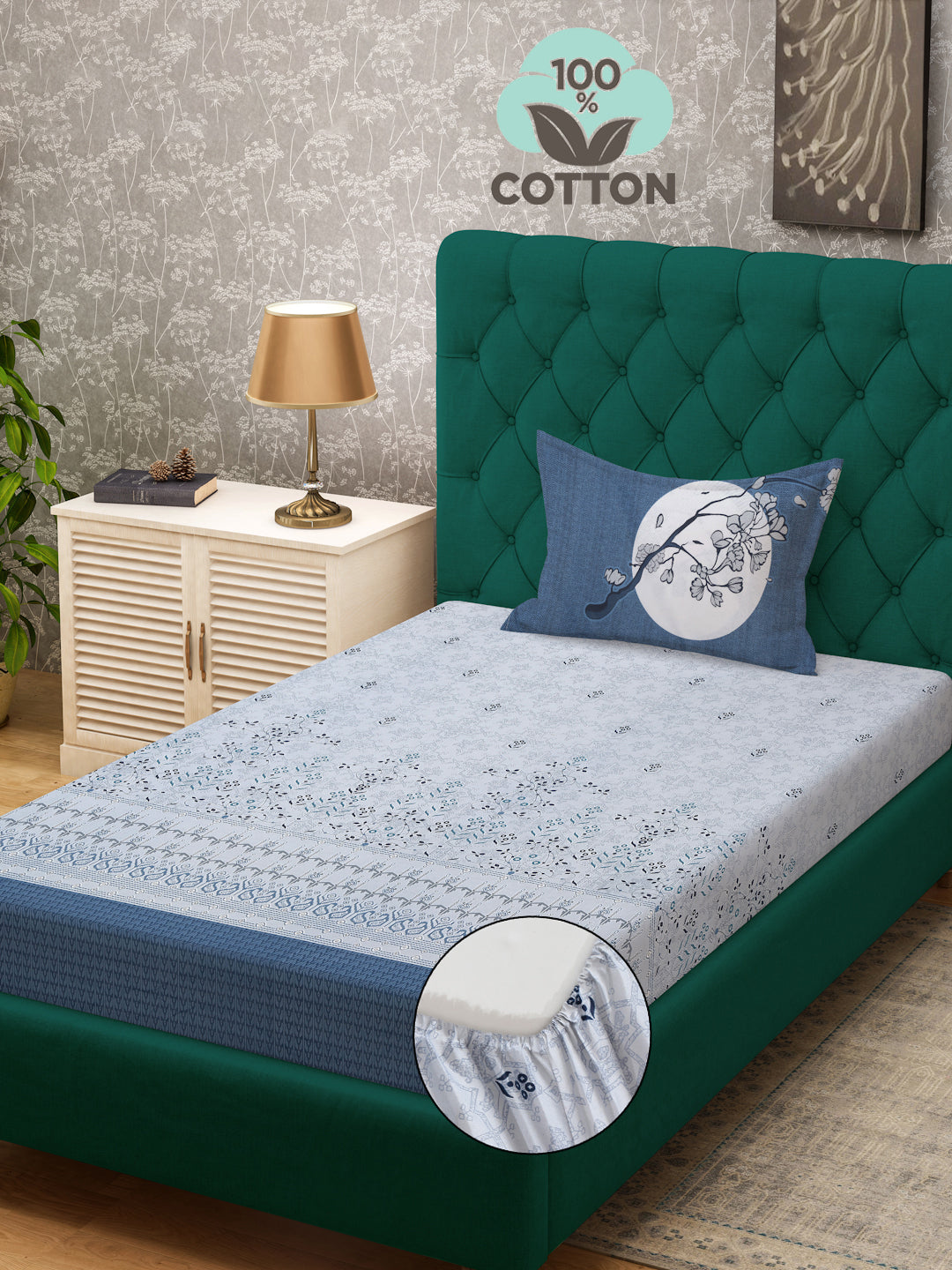 Klotthe Blue Floral 400 TC Pure Cotton Fitted Single Bedsheet with Pillow Cover