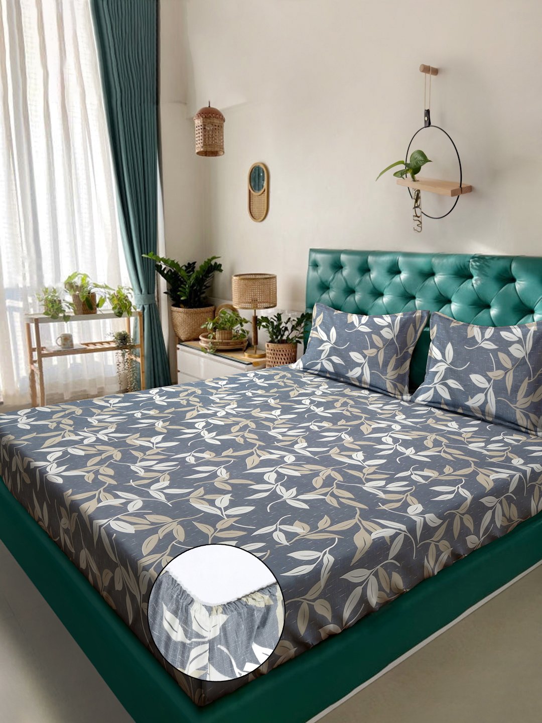 Grey Floral 300 TC Cotton Blend Fitted Double Bedsheet with 2 Pillow Covers