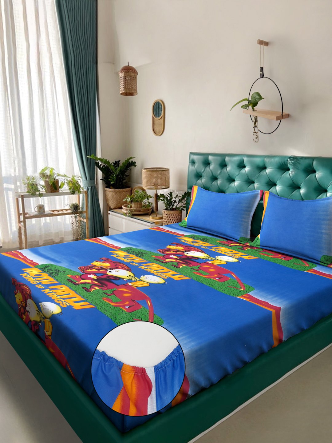 Blue Cartoon Characters 400 TC Pure Cotton Fitted Double Bedsheet with 2 Pillow Covers
